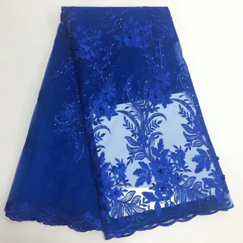 

Blue African Lace Fabric 2019 High Quality Lace Beads Fabric French Nigerian Rhinestones Lace Fabric 3d Embroidery Wedding Lace