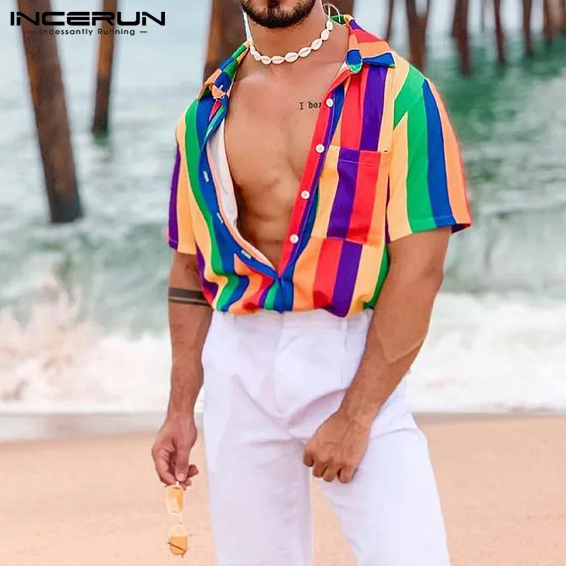 Colorful Striped Men Shirt 2020 Short Sleeve Lapel Streetwear Blouse Fashion Casual Loose Hawaiian Beach Shirts Summer INCERUN Colorful Striped Men Shirt 2020 Short Sleeve Lapel Streetwear Blouse Fashion Casual Loose Hawaiian Beach Shirts Summer INCERUN