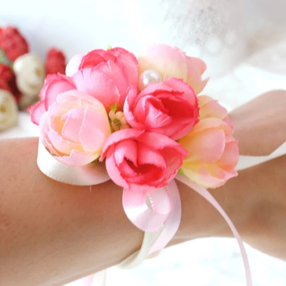 

Artificial Rose Wrist Corsage Bridesmaid Sisters hand flowers Bride Flowers For Bridal Prom Wedding Party Decoration 5 Colors