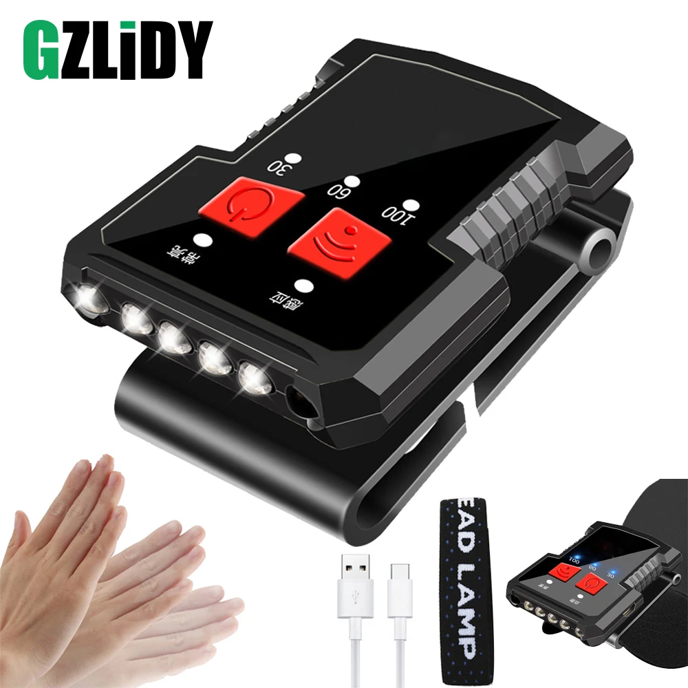 

USB Rechargeable LED Headlamp Gesture Sensing Cap Clip Lights Waterproof Material Adjustable HeadLights Built-in Lithium Battery