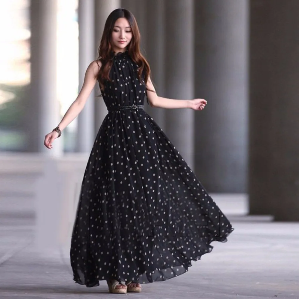 

Women Sexy Summer Dot Dress Boho Long Maxi Chiffon Dress Sleeveless Polka Dress Cute Sasha