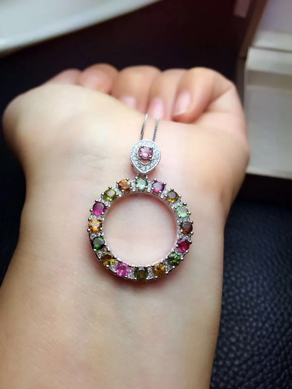 

Natural Multicolor tourmaline Elegant circle round Pendant necklace S925 silver Natural gemstone necklace girl gift jewelery