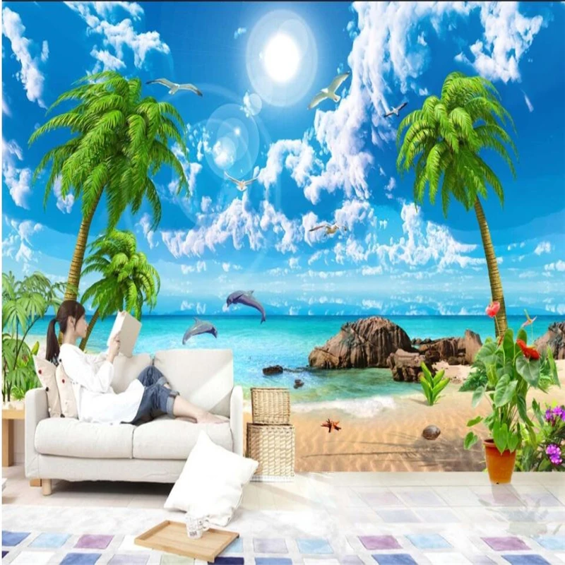 Beibehang Beautiful Fantasy Sea View Coconut Trees Beach Scenery Tv Background Wall Custom Large