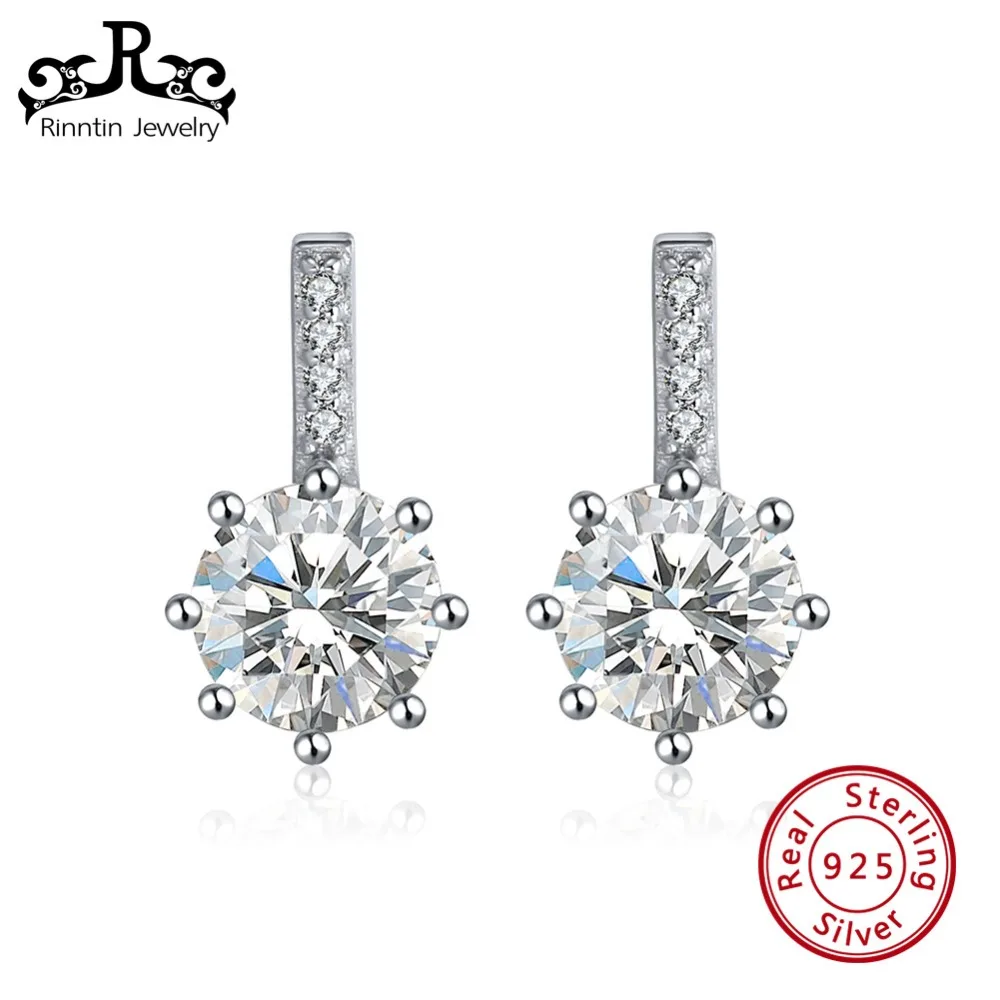 

Rinntin Authentic 100% 925 Sterling Silver Women Stud Earrings Prong Setting Big AAA Cubic Zircon Party Earring Jewelry TSE109