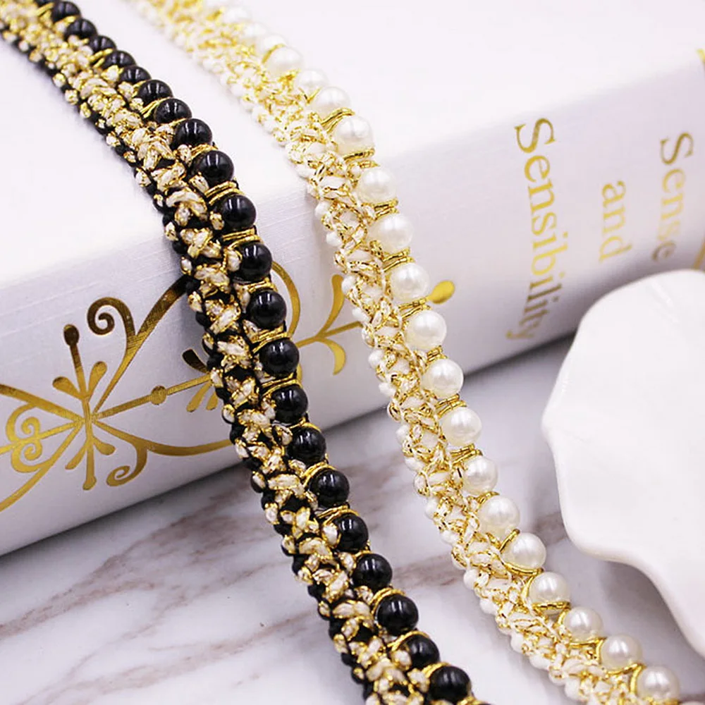 

2Color 1Yard Golden Rim Pearl Beaded Lace Trim Tape Lace Ribbon Lace Fabric Collar Dress Sewing Garment Headdress Materials