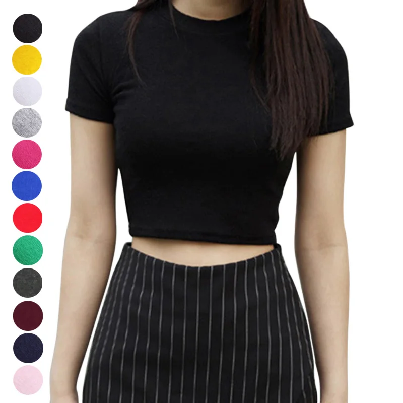 

Women Summer T-shirts Short Sleeves Round Neck Slim Fit Casual Pullover Crop Tops PO66
