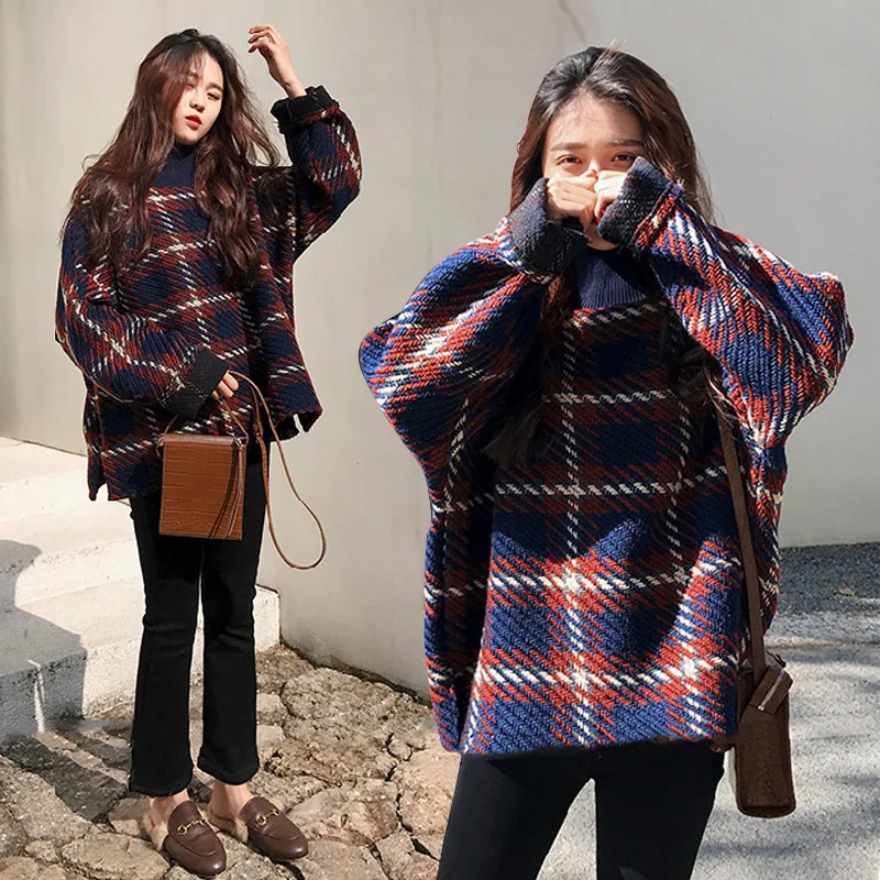 

Large Size Women's 2019 Autumn Winter Maternity Half-High Collar Sweatshirt Loose Sweater Plaid Coat For Pregnant Women