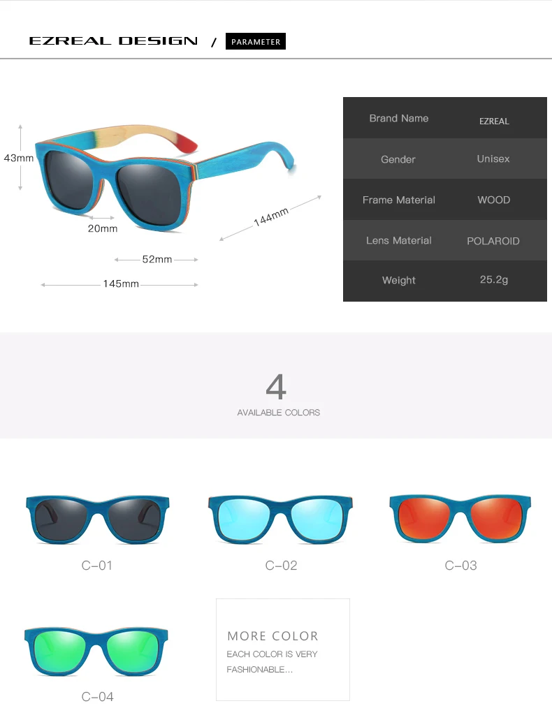 EZREAL скейтборд деревянные солнцезащитные очки синяя оправа с покрытием зеркальные бамбуковые солнцезащитные очки защита UV 400 линзы в деревянной коробке
