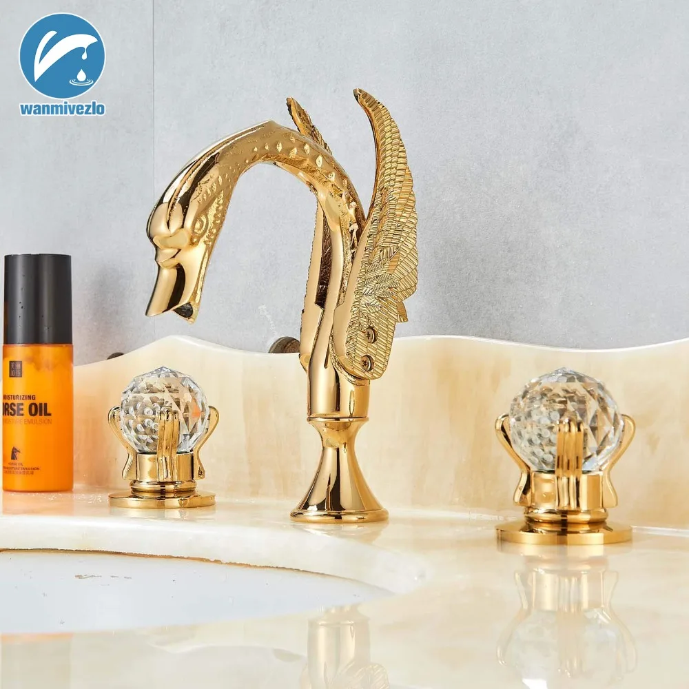 Золотой лебедь стиль широко распространенный кран для раковины в ванной комнате в форме животного на бортике смеситель кран с двумя ручками 3 отверстия смеситель элегантный кран
