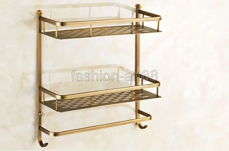 Antique Brass Bathroom Accessory Dual Tier Shower Soap / Sponge Tray Caddy Basket Wire Storage Rack Wall Mounted aba527