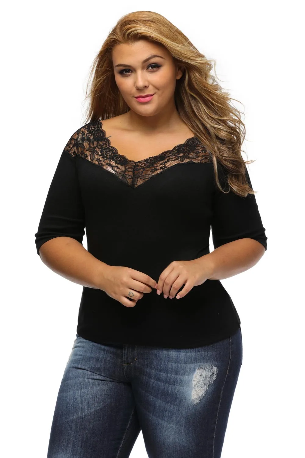 Plus-Off-Shoulder-V-Lace-Neckline-Spliced-Curve-3-4-Sleeve-Top-LC25914-2-7