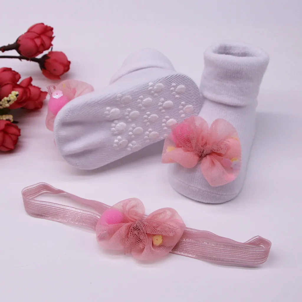 Носки детские модные милые носки для малышей+ 1 шт., нескользящие носки с ремнем для волос для маленьких девочек мягкие носки с аппликацией calcetines Nina