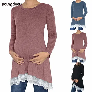 

Poungdudu maternity pregnant women dress casual solid color long-sleeved round neck hem lace top new best selling 2019