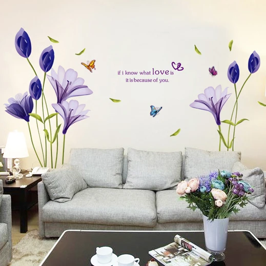 Любовь Фиолетовый цветок лилии Съемная Виниловая Наклейка на стену фреска DIY Искусство Декор для гостиной домашний декор обои 60*90 см