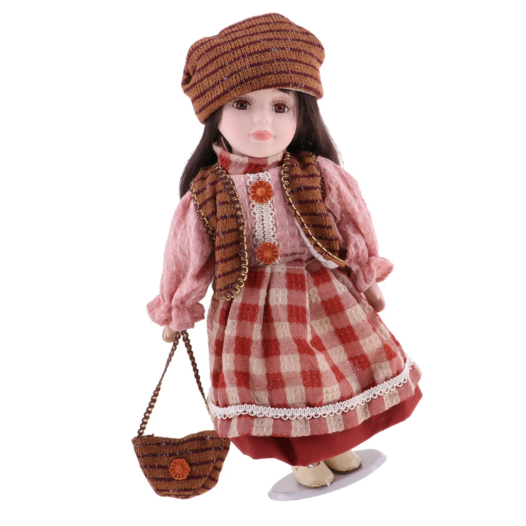 

30cm Elegant Girl Doll Lady in Pink Piaid Dress Gown Hat Dolls House Miniature Accessory Xmas Gift Porcelain Doll
