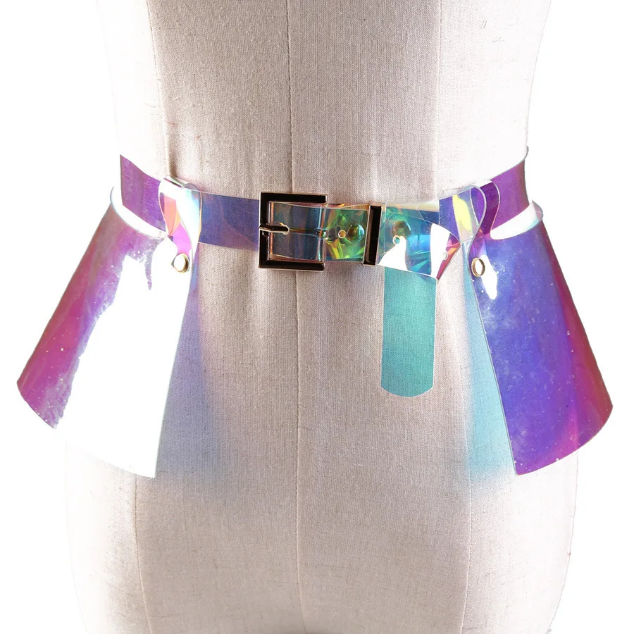 

Fashion Laser Hologram Waist Belt Clear Transparent Black high street fashion adjustable pleated skirt Ruffle Sexy Sash