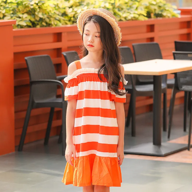

2019 big girls summer dress striped off-the-shoulder beach sundress children fashion ruffle cotton dresses teens kids clothes