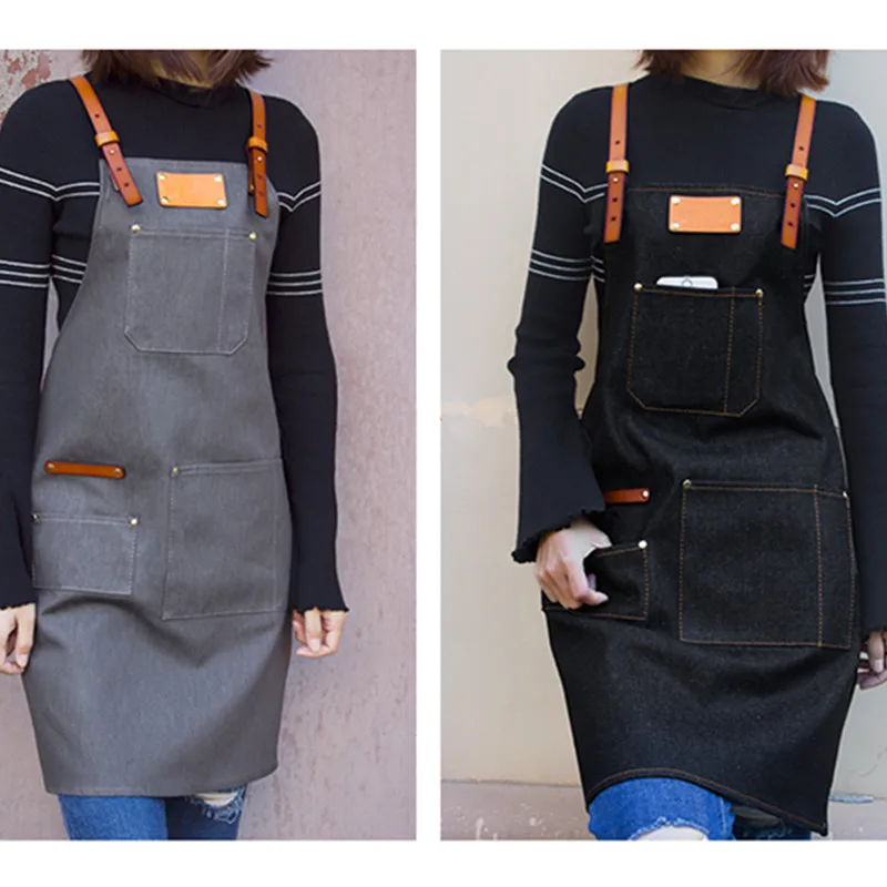 Black Gray Denim Apron Leather Straps D82A-5