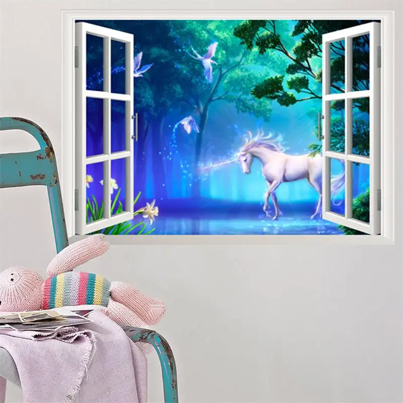 3D наклейки на стену с изображением единорога из винила с видом на окно, домашний декор для девочек, наклейка на стену для детской комнаты, съемные обои с рисунком из мультфильма
