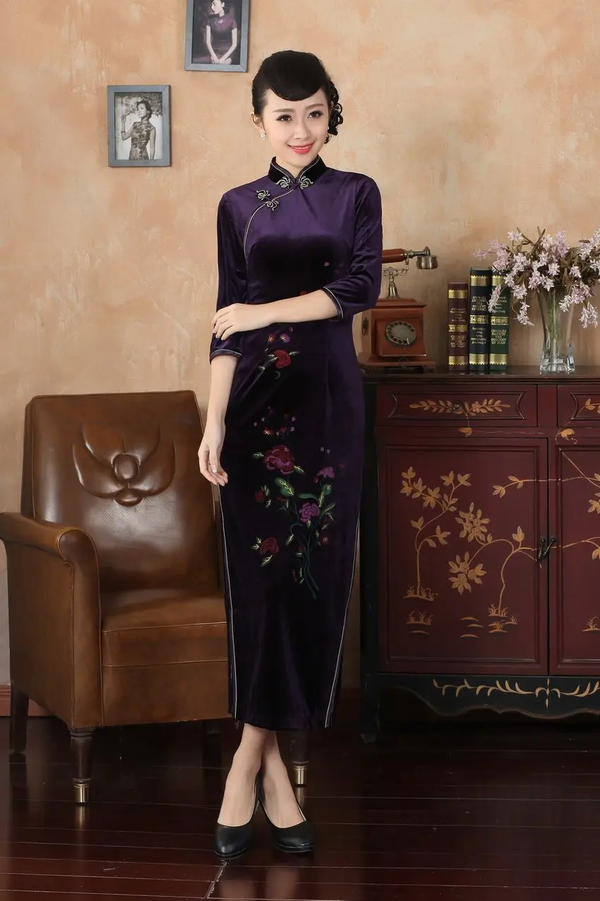 Шанхай история китайский стиль длинное платье Ципао женские платья Осень Цветочная вышивка платье бархат qipao платье 3 стиля - Цвет: Фиолетовый