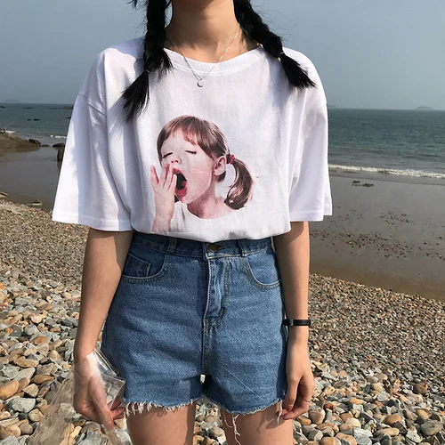 

Character printed simple cute casual cotton white fresh preppy short sleeve female t-shirts