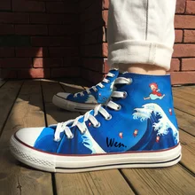Wen аниме ручная роспись обувь дизайн пользовательские Ponyo мужские и женские синие высокие парусиновые кроссовки для подарков