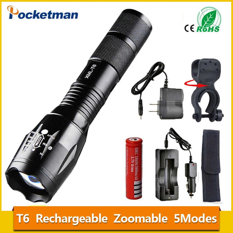 

Newest 100% Authentic 3800 Lumens 5-Mode CREE XM-L T6 LED Flashlight Zoomable rechargeable Focus Torch by 1*18650 or 3*AAA z92