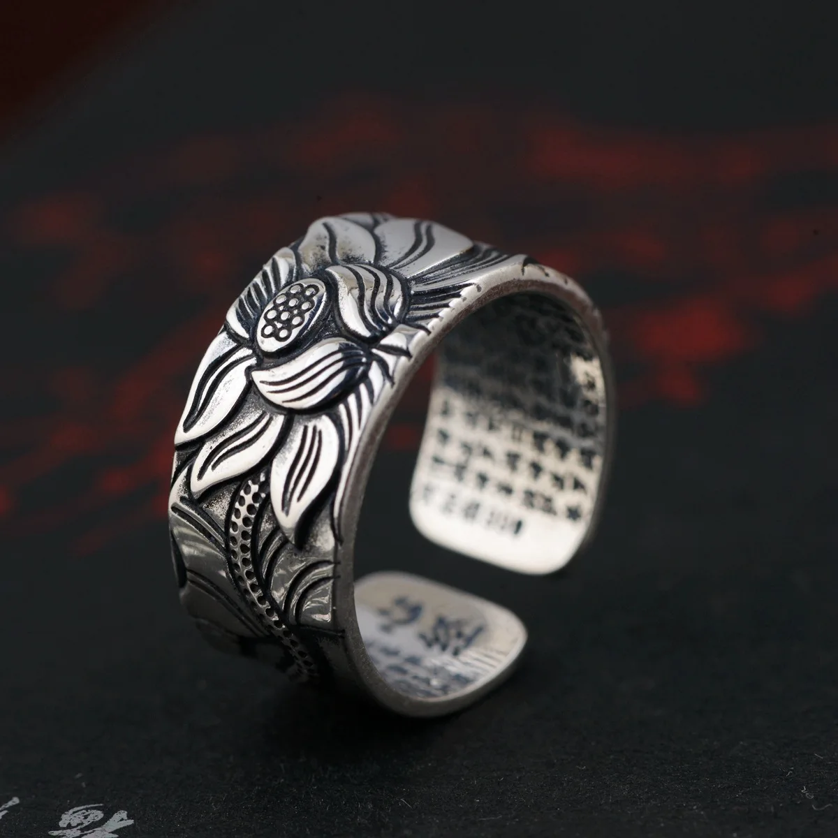 

S990 fine silver ring archaize process couple Thai silver wholesale model of lotus heart sutra openings