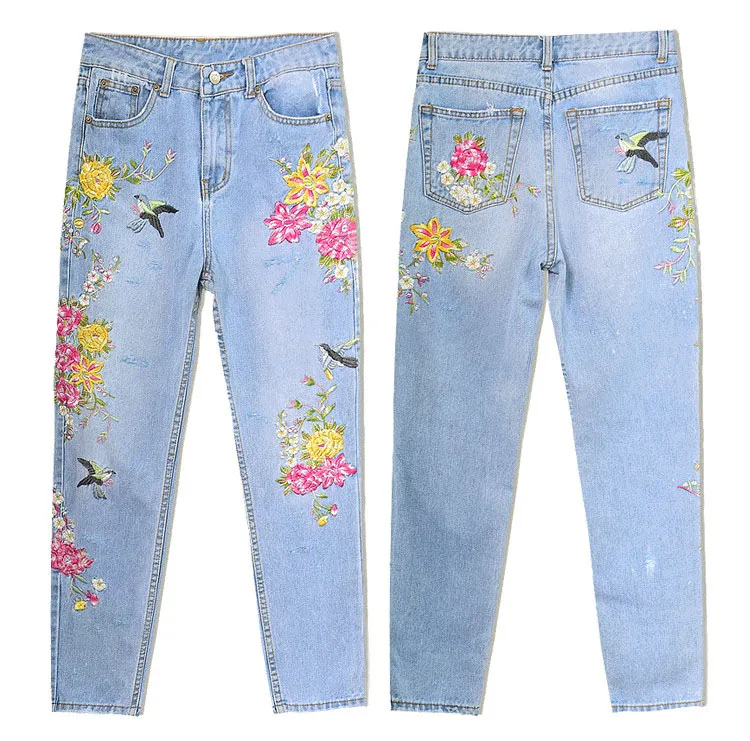 2017 Europe and the United States women's 3D three-dimensional heavy craft bird flowers front and rear side embroidery high waist straight irregular wear jeans (12)