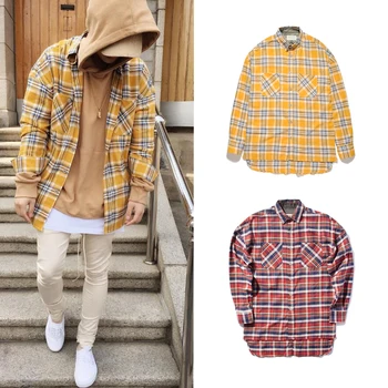 

NEW Quality flannel Scotland yellow Red grid long sleeve shirts Hiphop extended curved hem oversized Men Casual Cotton shirt