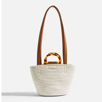 

Fashion Summer Women Shoulder Bags Designer Acrylic Handle Straw Woven Bag Stitching Bag Clutch Bali Beach Holiday Handbag