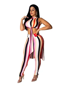 

Two Piece Sets Colorful Striped Sheath Tie Up Hem Tee Crop Tops and Long Pencil Pants Women Summer Sleeveless Irregular Outfits