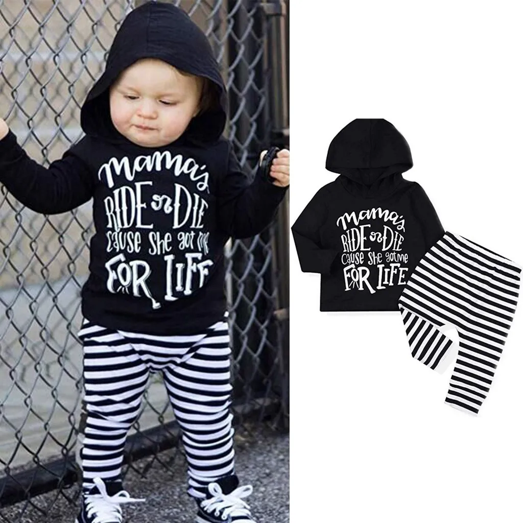 

Toddler Baby Girls Boys Letter Hooded Tops Stripe Pants Trousers Outfits Set