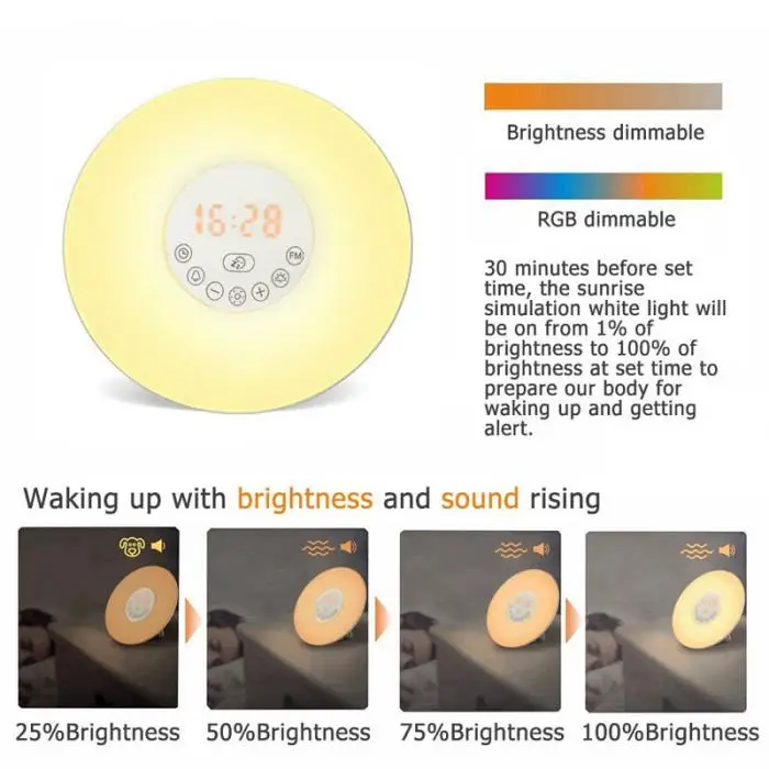 Цифровой светящийся будильник, цветной светильник для восхождения солнца, светильник для ночного видения с звуками, FM радио, часы BS