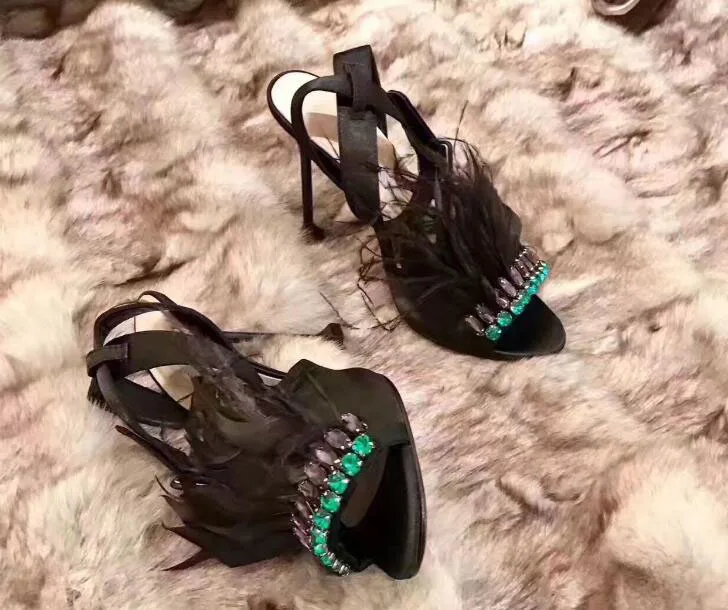Superstar love most luxury women high heel sandals slingbacks shoes feather rhinestone sandals ladies runway party