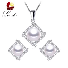 Lindo Fine Циркон Серебро 925 свадебные комплекты ювелирных изделий настоящий белый натуральный пресноводный жемчуг серьги-гвоздики набор кулонов маленькая жемчужина
