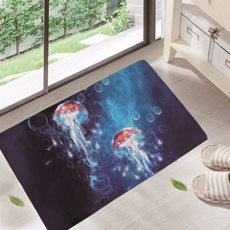 

Magic Glowing Jellyfish Underwater World Doormat Non-woven Fabric Non-slip Bathroom Kitchen Rug Black Floor Mat dd8