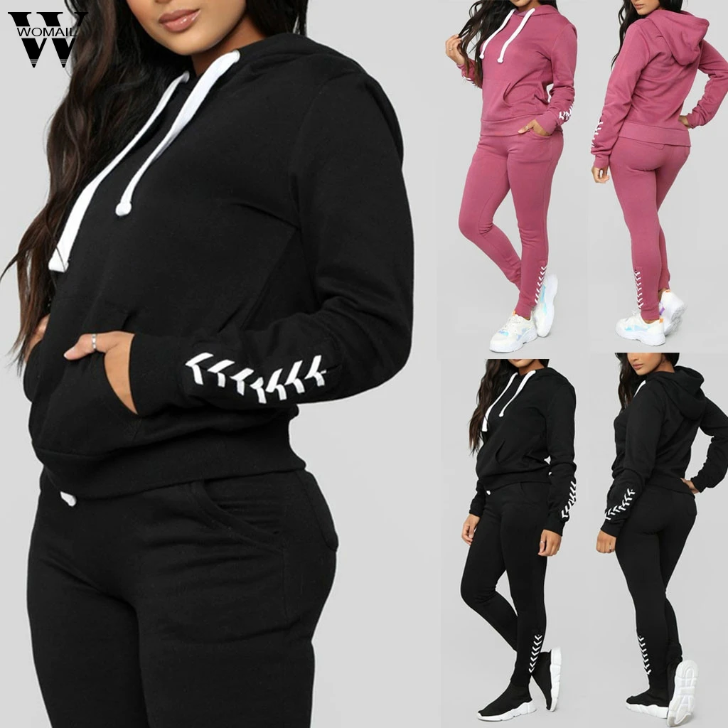 

Womail Women Sexy Club Suit SetsCasual Stripe Lace Long Sleeve Pullove Sport Tops+Long Pants Set Womne Suit Sets S-2XL