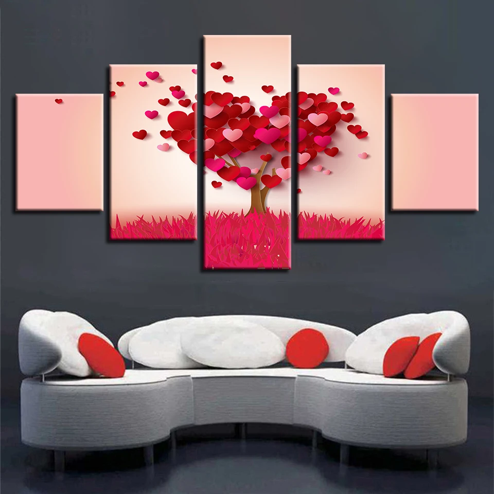 

Decoration Modern Wall Framework HD Prints 5 Pieces Red Heart Shape Trees Landscape Pictures Poster Modular Canvas Paintings Art