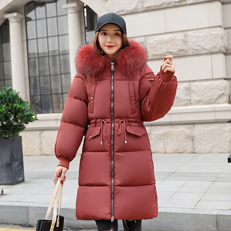 

Winter cotton dress long knee thickening big code slim 2018 new down feather cotton suit big hair collar lady cold proof coat