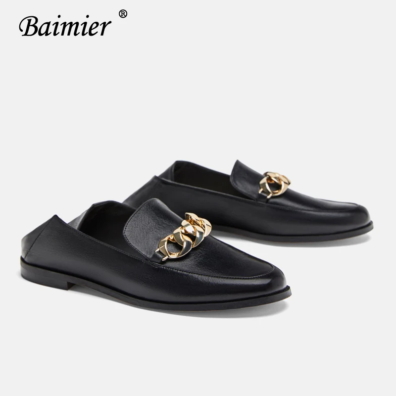 Оксфорды Baimier с золотой цепочкой для женщин черные кожаные женские лоферы