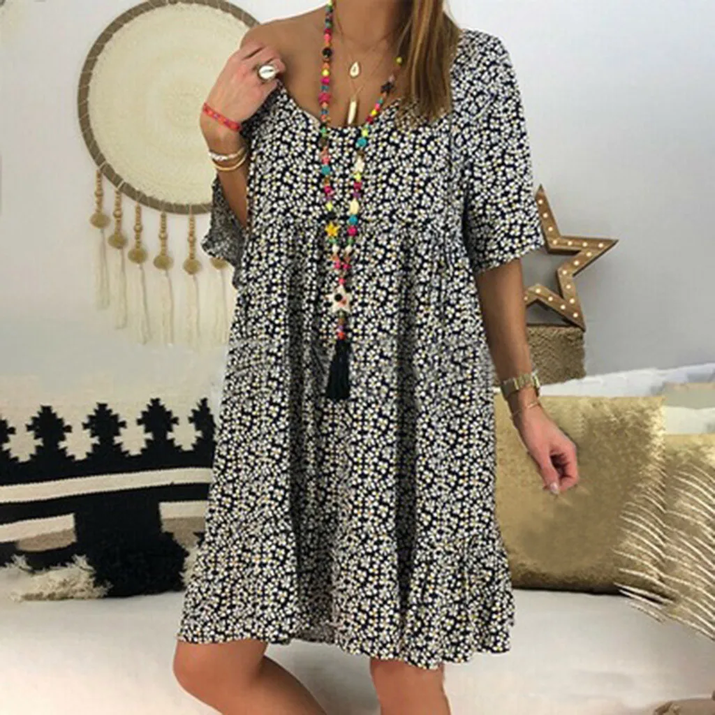 

Lady's Vintage Spring Summer Women Ladies Round Neck Ruffle Short Sleeve Print Chiffon Soft Elegant Loose Dress