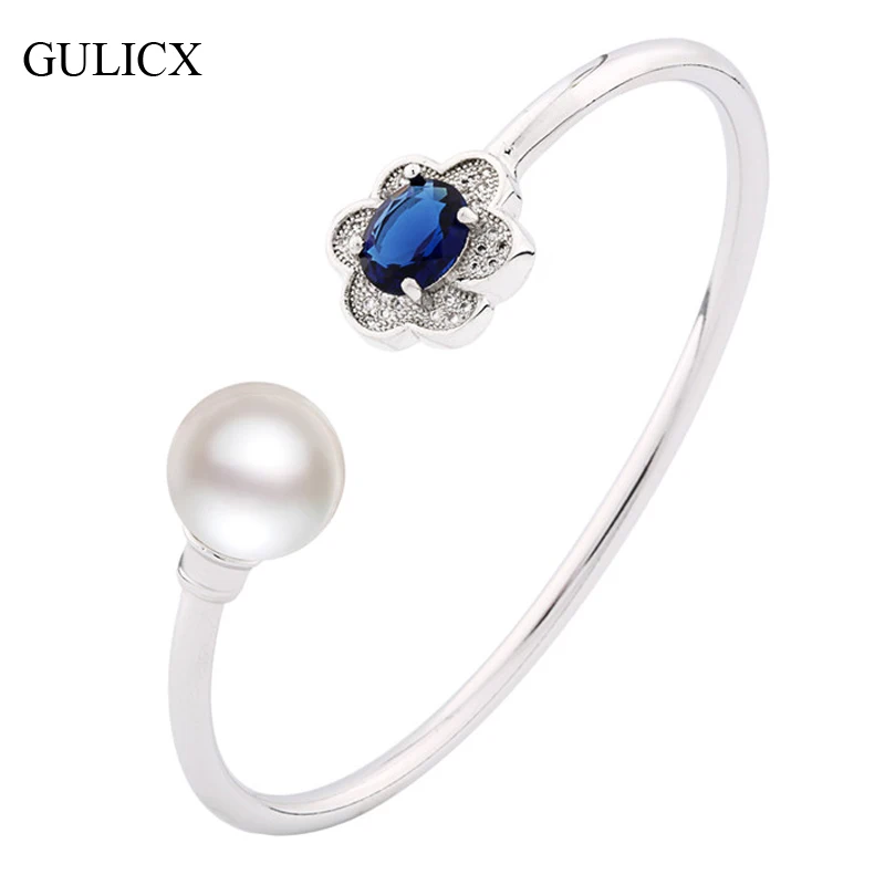 Gulicx senhoras pérola manguito pulseira flor pulseira de ouro branco-cor azul oval cz zircon cristal jóia do casamento z047