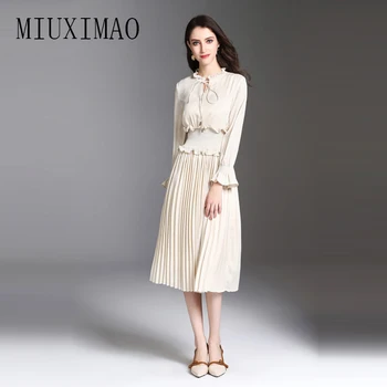 

High Quality 2018 Spring New Arrival Ruffled Butterfly Sleeve Solid Draped Pleated Casual Elegant Mid-Calf Long Dress Women