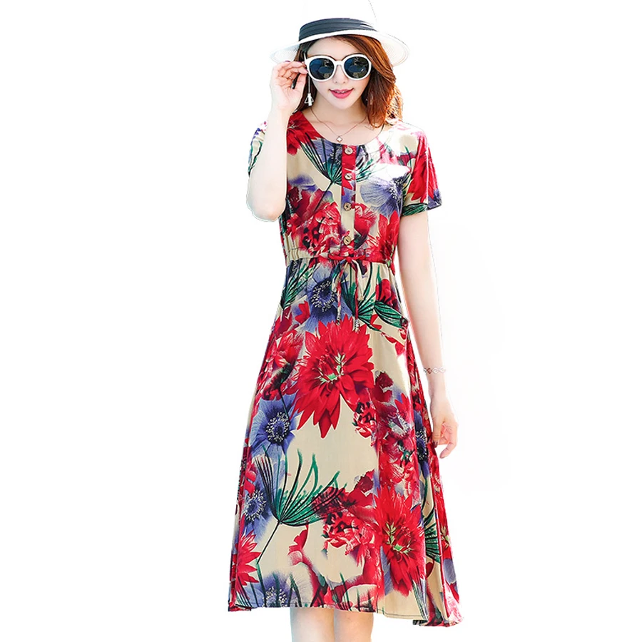

2019 summer style women dress short sleeve casual vintage print floral midi dresses plus size 6XL Vestidos party dress elegant