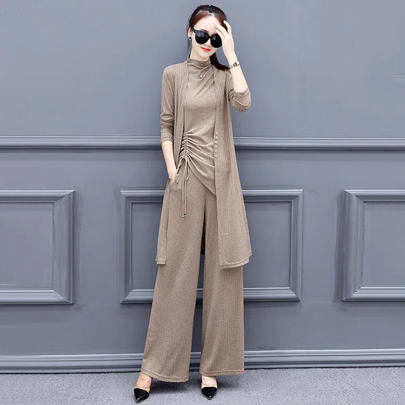 

Women Casual Slim Fashion Long-Sleeved Round Collar Tops+Solid Color Single-Breasted Coat+ Wide-Leg Pants Three-Piece Suit