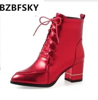 

BZBFSKY ankle boots for ladies high heel pointed toe laced up side zipper booties 3 color shoes woman black red shoes winter