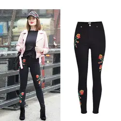 Пикантные Высокая Талия джинсовые эластичные черные джинсы Вышивка Роза Модные Узкие полной длины Bodycon плотно Для женщин зауженные джинсы