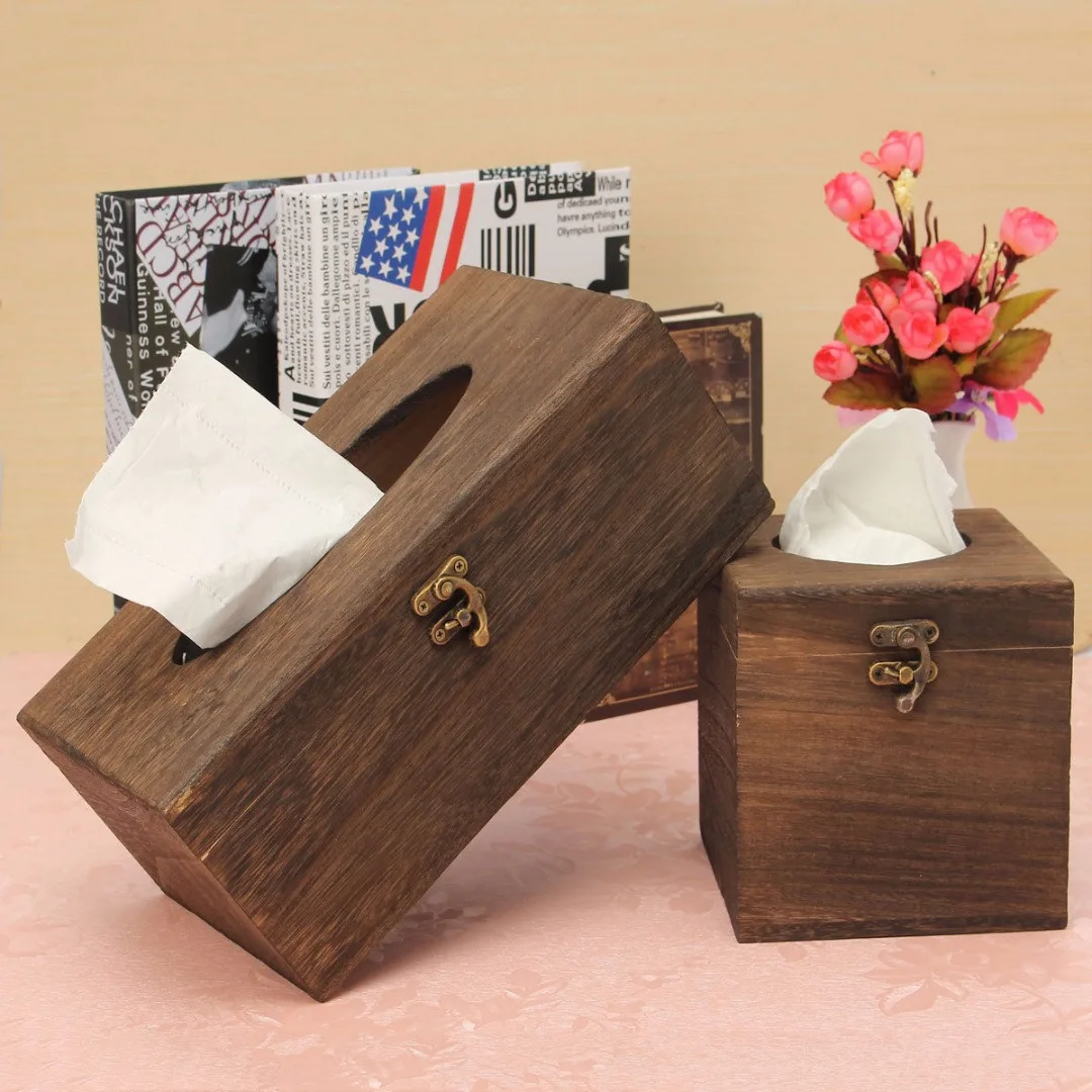Retro Wooden Tissue Paper Box Case Cover Napkin Holder Bar Home Decor 