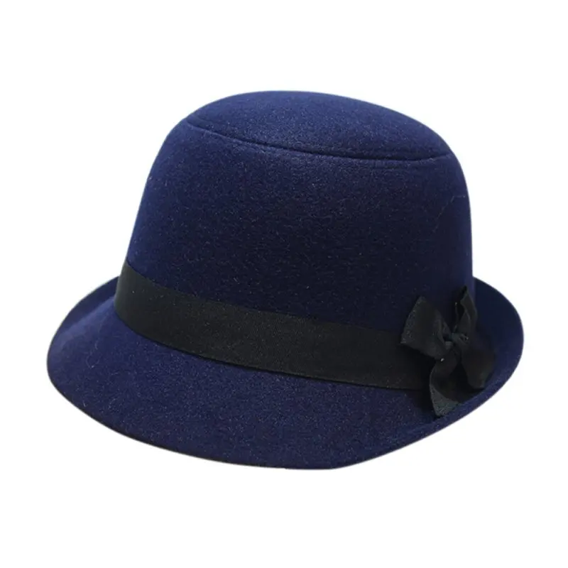 Dark blue Винтажная модная однотонная фетровая Женская шерстяная фетровая шляпа-котелок для дам и девушек, разноцветная - Цвет: Dark blue